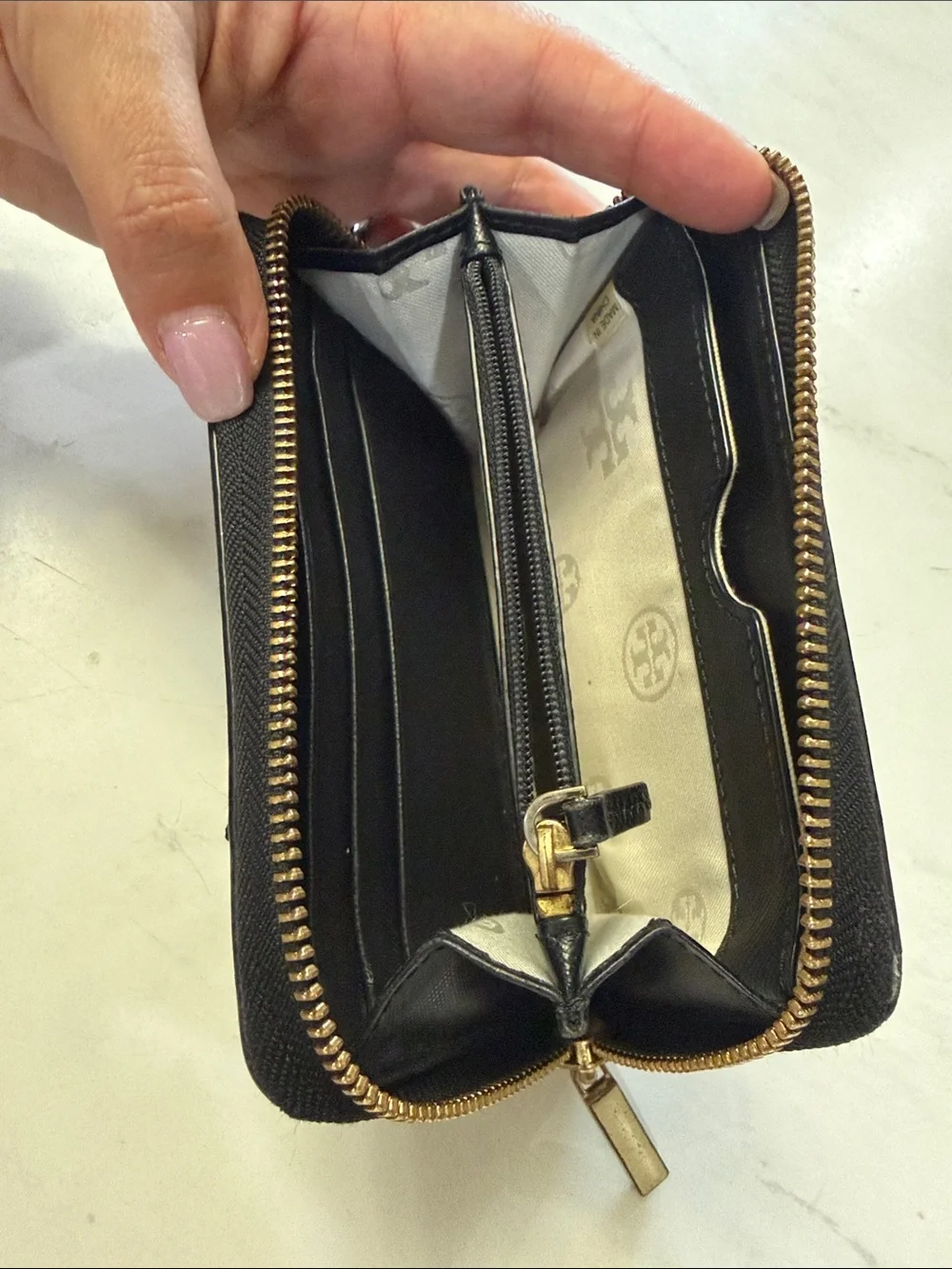 Tory Burch Black Perforated Zip Phone Wallet with Gold Logo